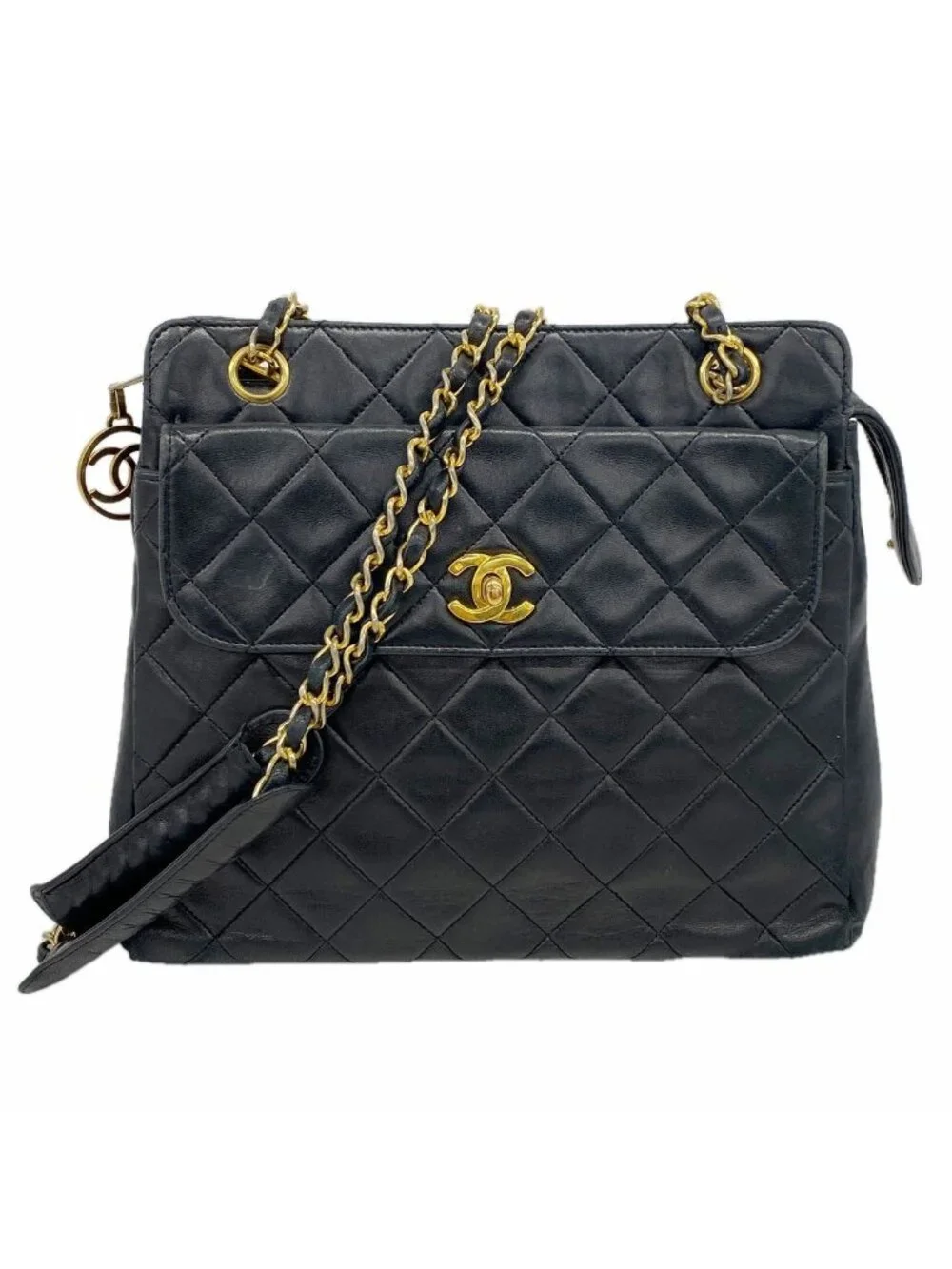 Chanel Chain Tote Bag Quilted Lambskin Black Gold